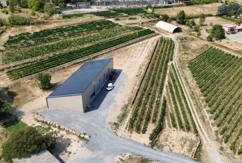 Photo aérienne d'un beau hangar agricole solaire Triangle Énergie au milieu des vignes