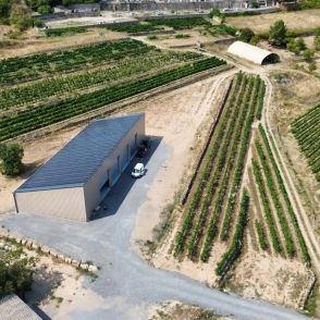 Photo aérienne d'un beau hangar agricole solaire Triangle Énergie au milieu des vignes